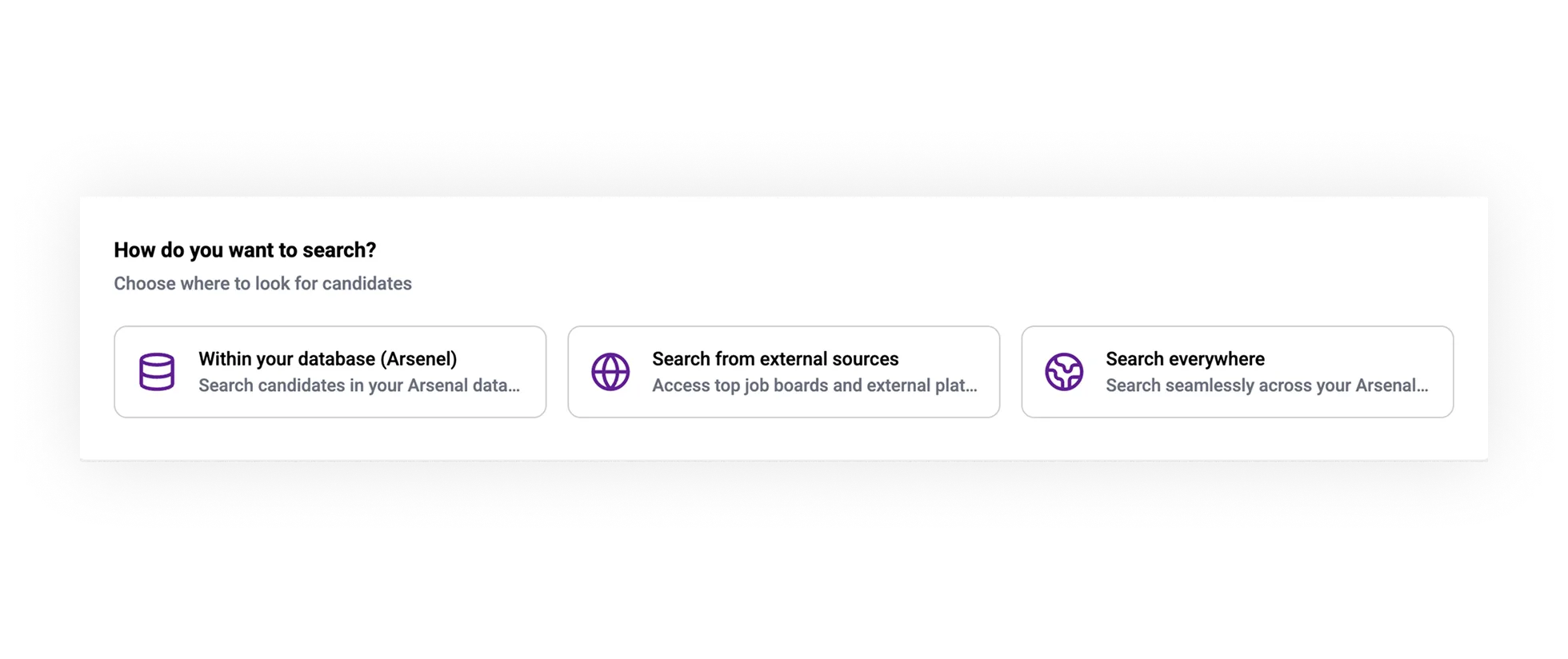 Search options for candidates in ORO AI's recruitment platform, including database, external sources, and comprehensive search capabilities.