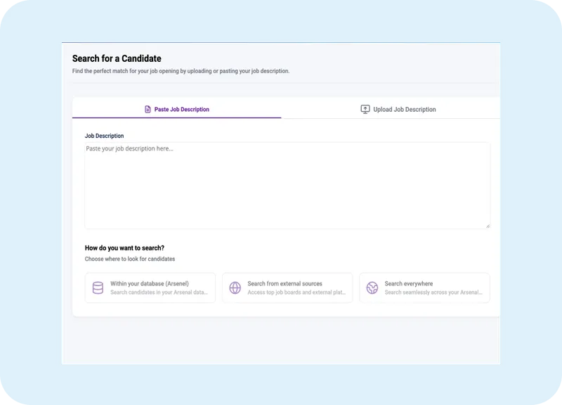 Search interface for candidates in ORO AI Recruiter Hub, featuring options to paste job descriptions or upload files, with selection buttons for sourcing methods.