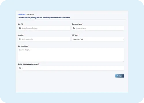 Job posting interface for ORO AI, featuring fields for job title, company name, location, job type, job description, and visibility duration settings.