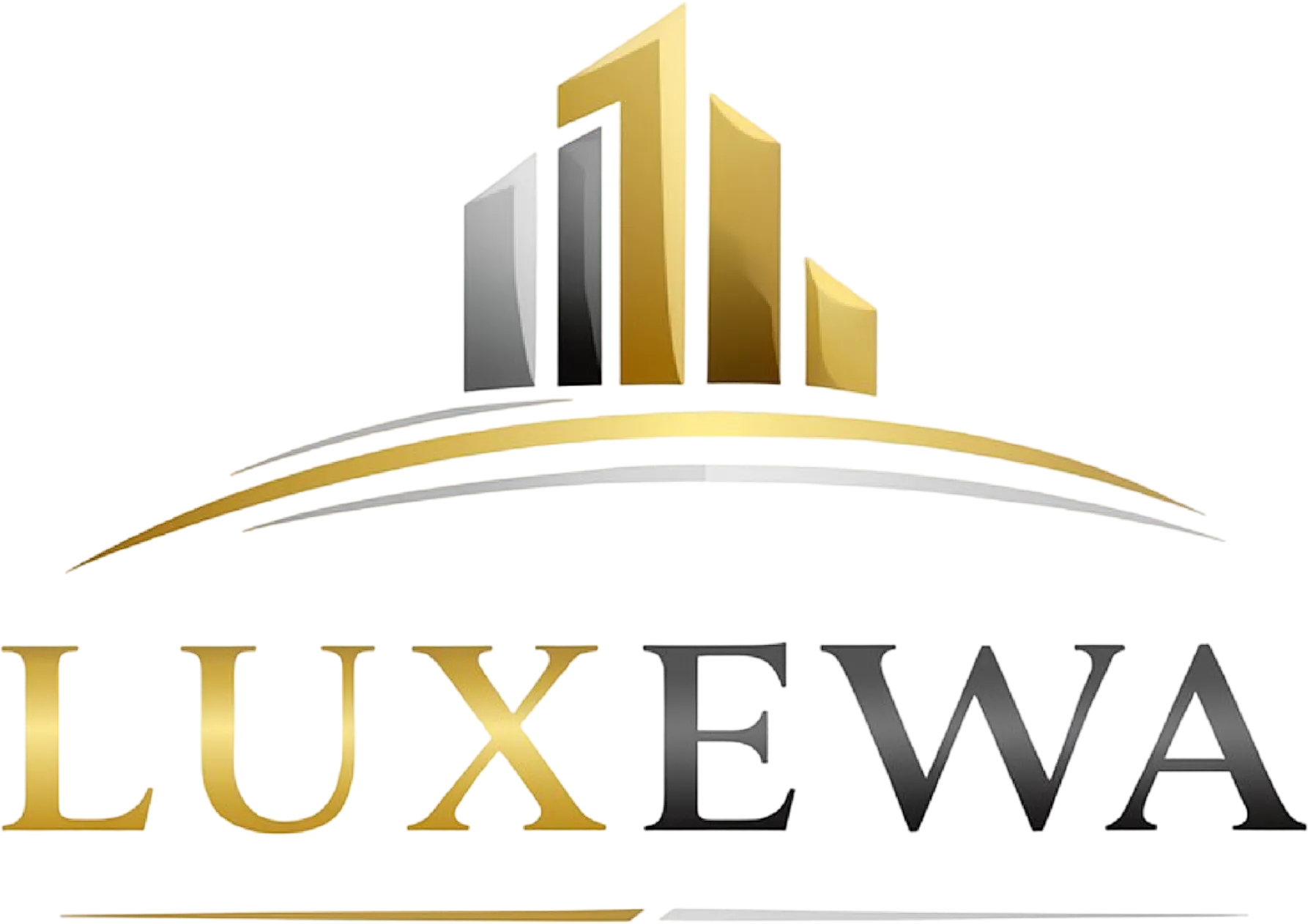 Musta logo, jossa on kultaisia ja hopeisia pilvenpiirtäjiä kaarevan kultaisen ja hopeisen viivan yläpuolella ja alla kultainen "LUXE" ja hopeinen "WA" -teksti.