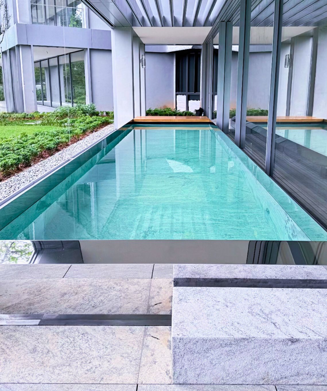 The Les Maisons lap pool, constructed from stainless steel.