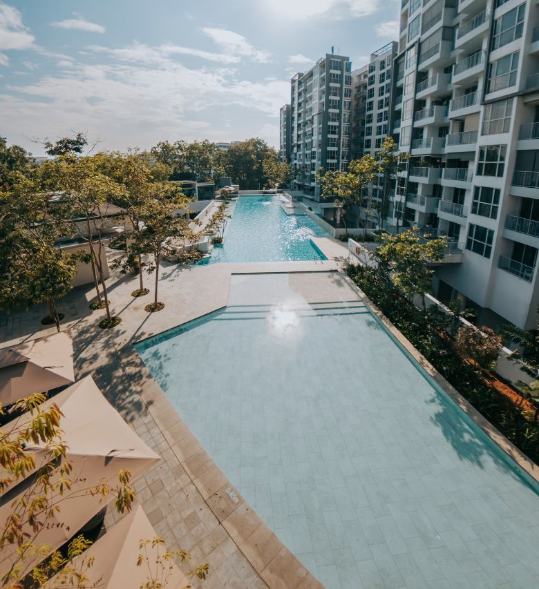 The concrete swimming pools at The Estuary condominium in Singapore, after full upgrade works by Innovez Engineering.