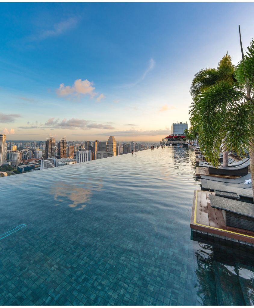 The Marina Bay Sands SkyPark Infinity Pool in Singapore, pre-fabricated and constructed with stainless steel by Innovez Engineering.