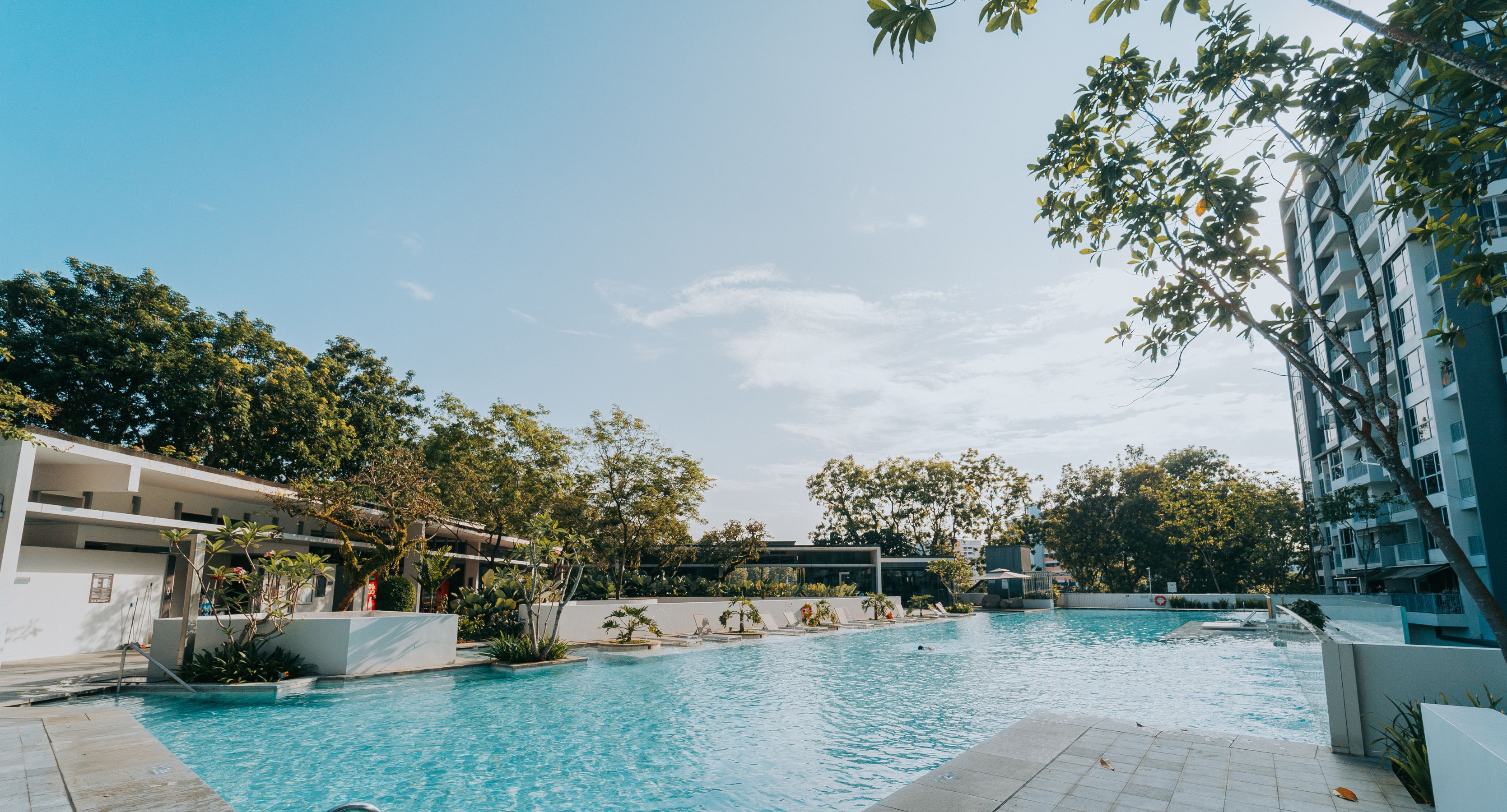 Panoramic view of the swimming pool at The Estuary, renovated by Innovez Engineering.