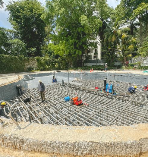 Stainless steel pool renovation works underway at The Arcardia by Innovez Engineering.