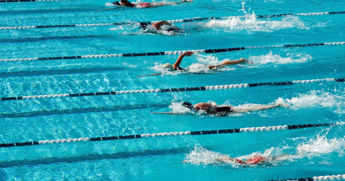A freestyle swimming competition is underway, as professional swimmers swim quickly in separate pool lanes.