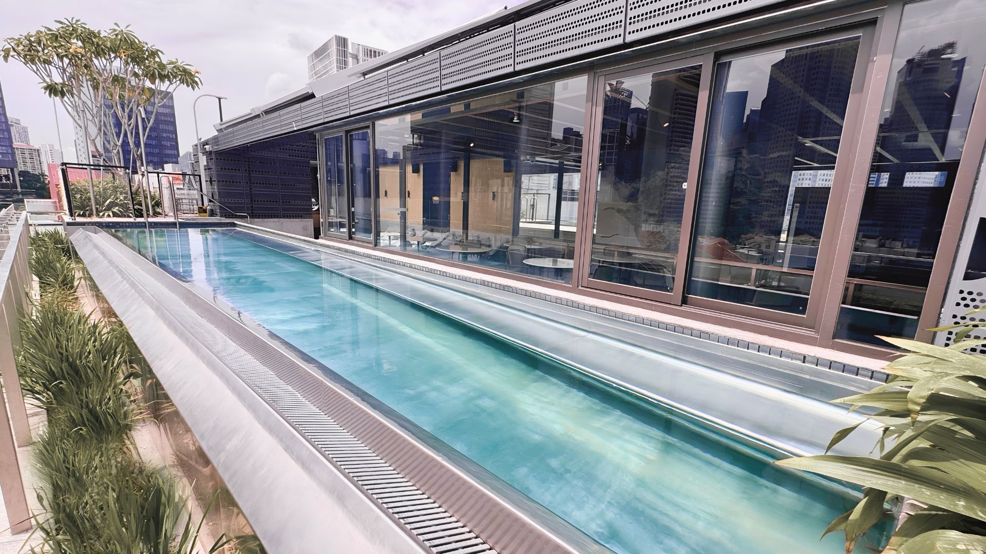 The full length of the rooftop lap pool at 21 Carpenter hotel in Singapore, constructed of stainless steel, and surrounded by lush landscape.