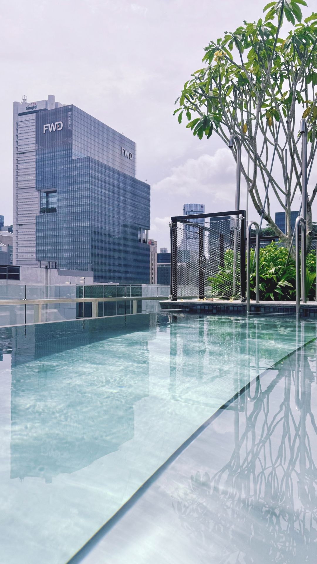 Close-up of the stainless steel rooftop swimming pool at 21 Carpenter. The waters glisten, with tall buildings of Singapore city in the background.
