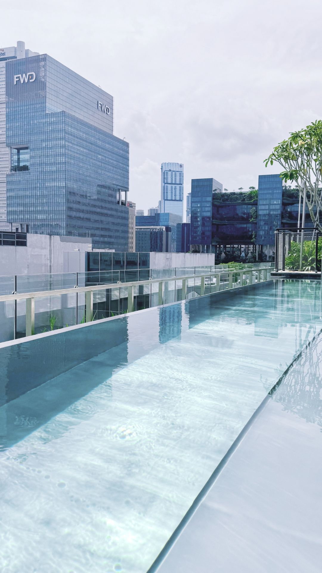 Diagonal view of the rooftop stainless steel pool at 21 Carpenter hotel, facing Singapore's city area.