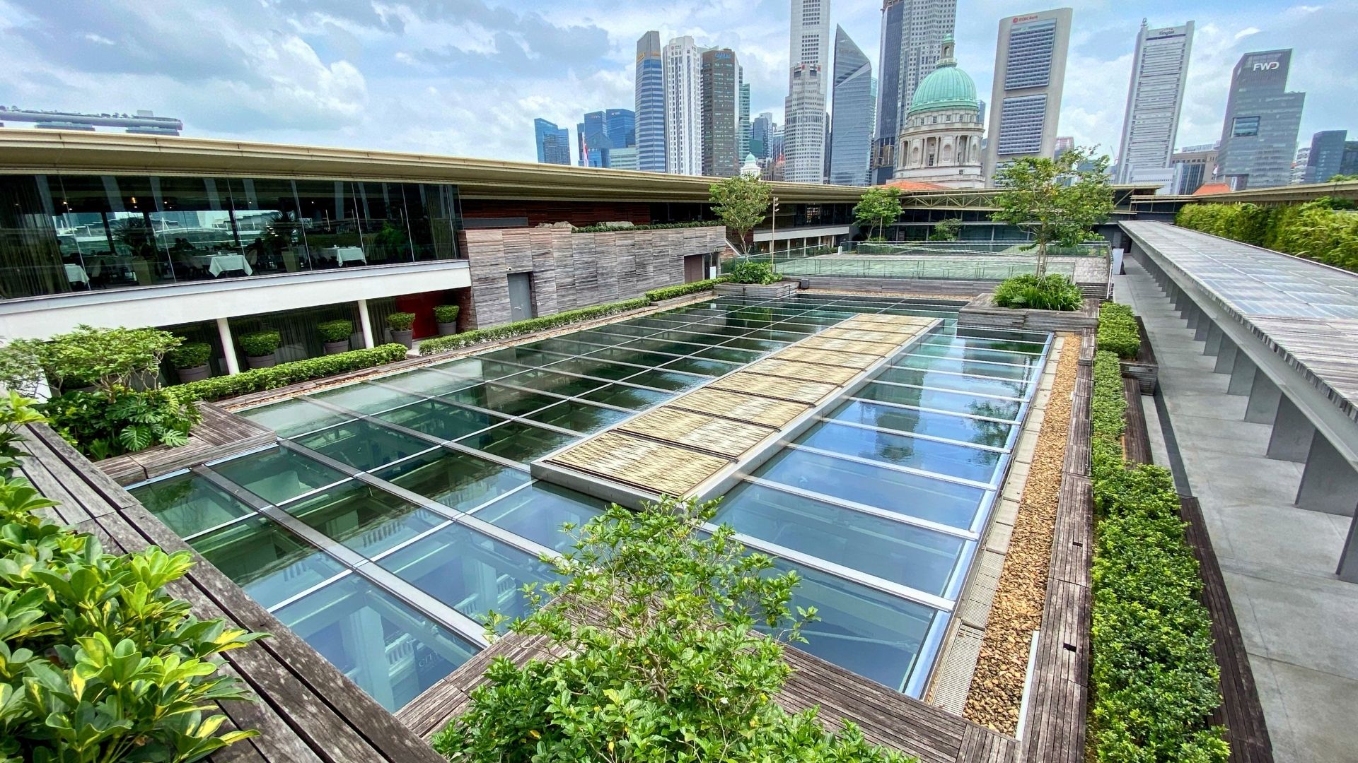 Aerial view of the infinity-edge Reflecting Pools, located at the rooftop of the National Gallery Singapore. Stones and plants surround the water features, and the Singapore skyline juts out in the background.