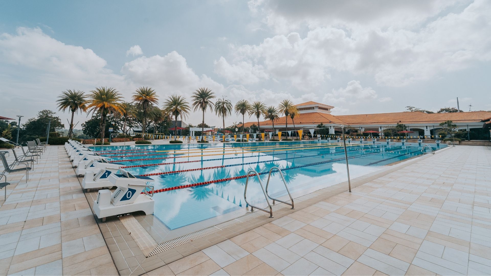 Diagonal view of the swimming pool at Singapore Island Country Club. It appears well-equipped with starting blocks, grab rails, pool flags, backstroke poles, and other pool accessories. The palm trees in the background gives the area a tropical feel.