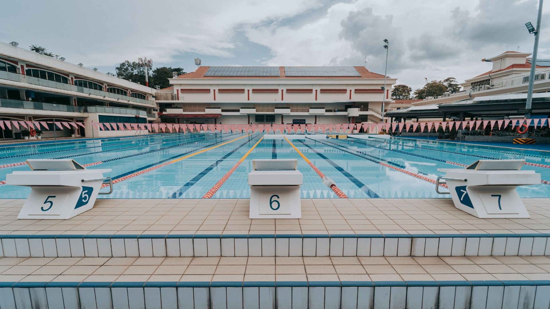 Eye-level view of the competition swimming pool at the Singapore Swimming Club. Numbered starting blocks face out towards the pool, with red flags draped across it above.