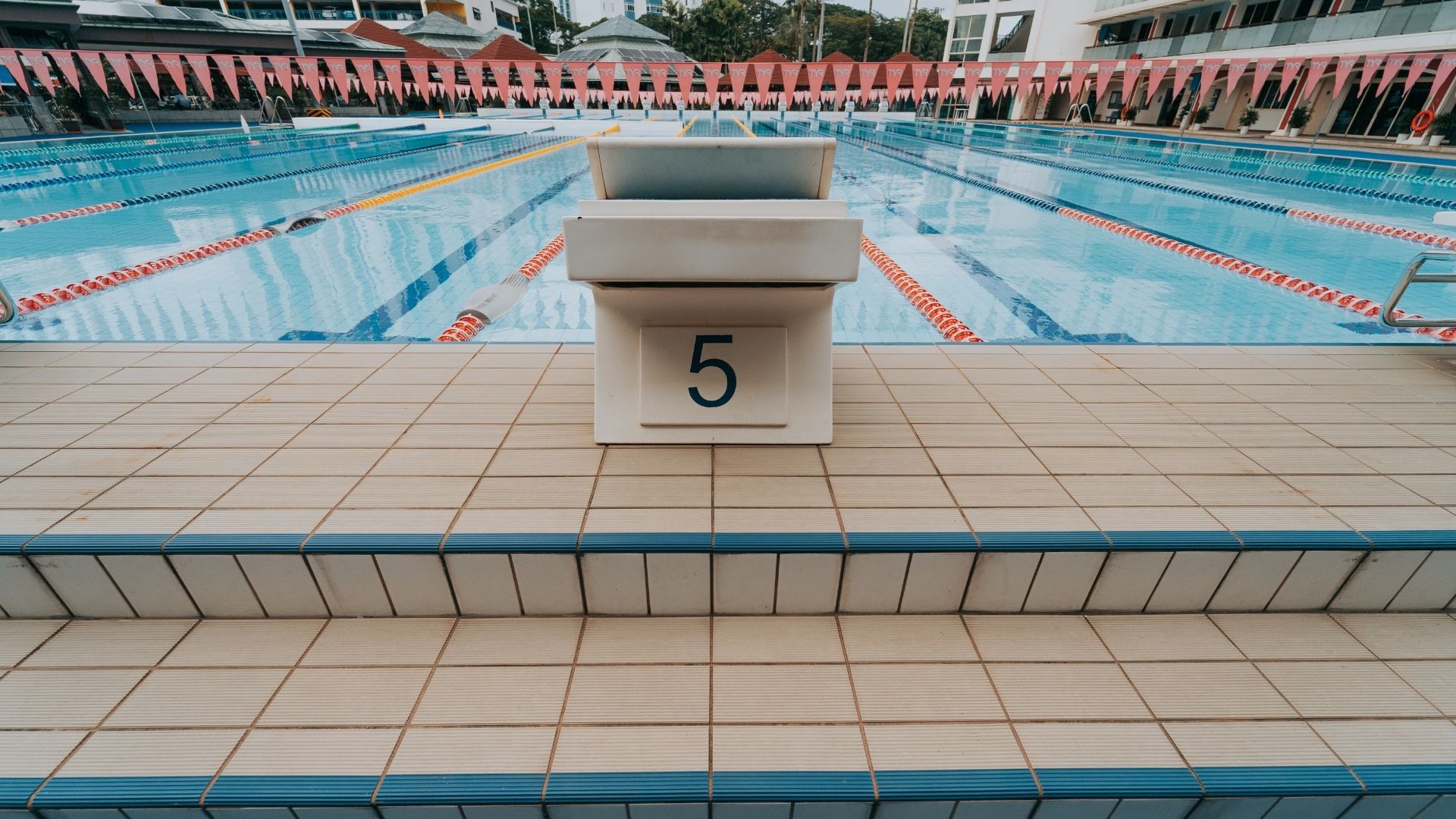 Close-up of a starting block at the Singapore Swimming Club. Concrete steps lead up to the block, which has the number '5' printed in black on it.