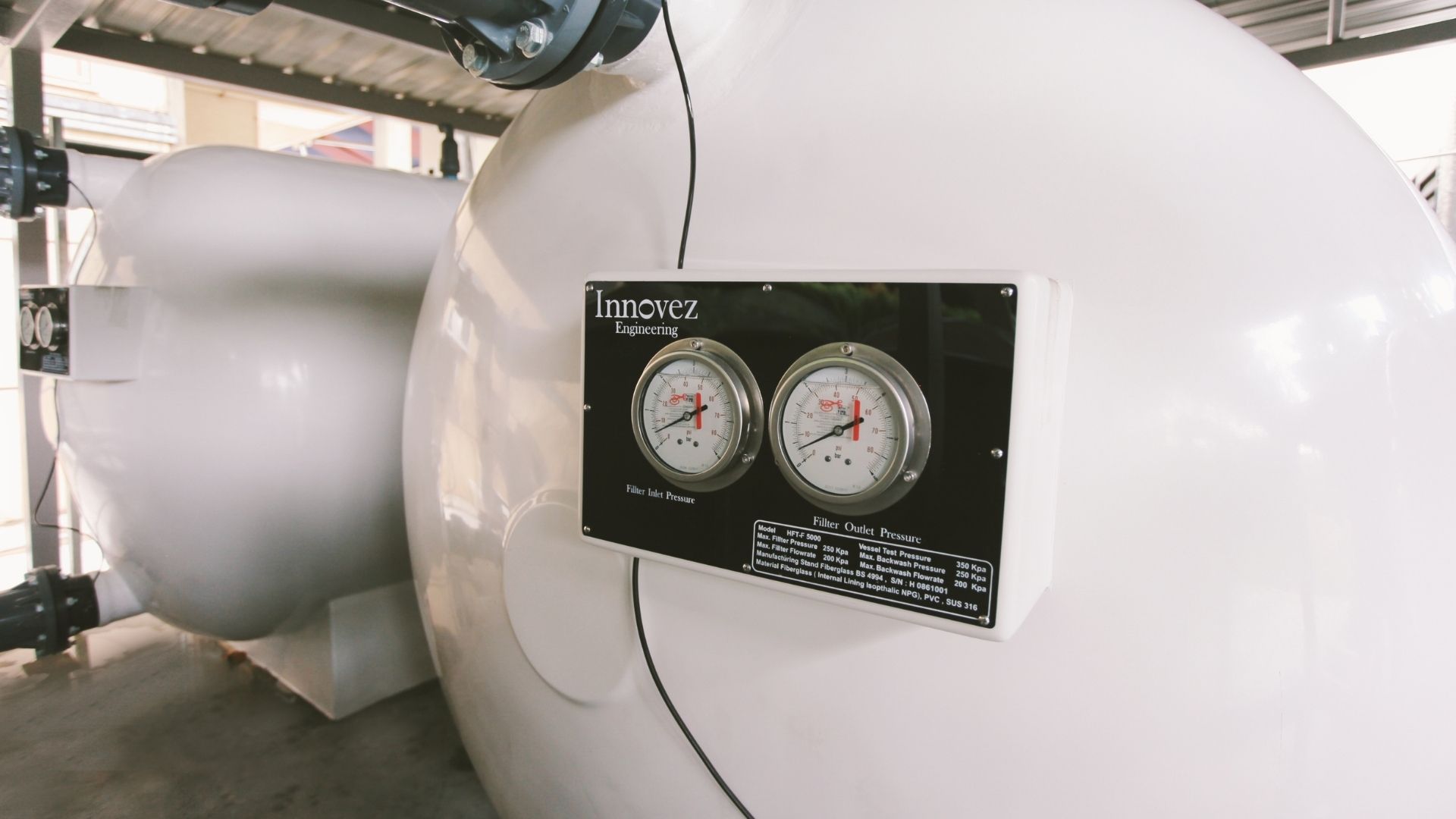 Close-up of the valve pressure readings on the commercial-grade, high-rate sand filters from Innovez Engineering, at the Singapore Swimming Club.