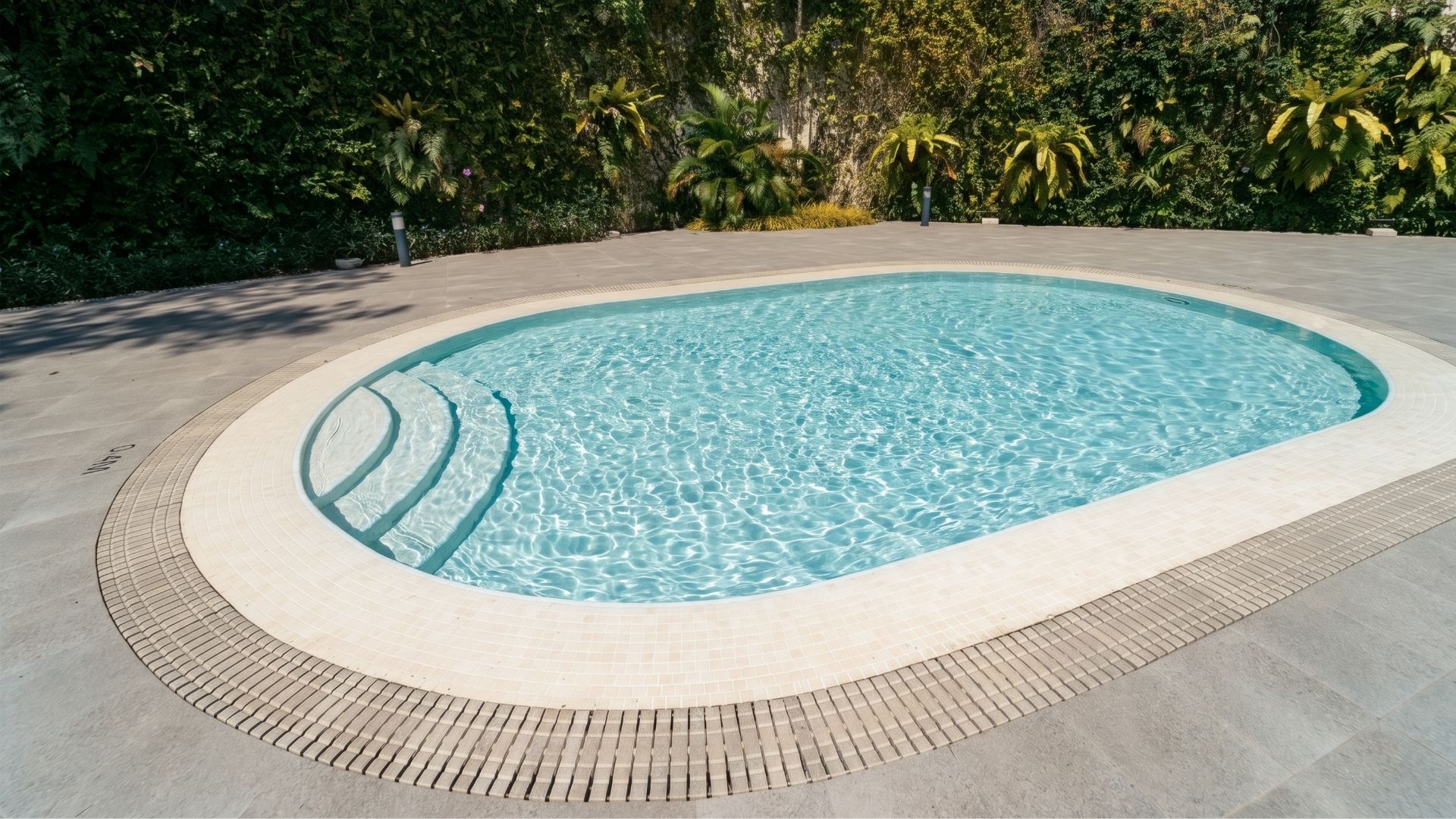 The children's wading pool at The Arcadia Condominium in Singapore, beautifully renovated with Spanish glass mosaic finishes, and matching porcelain tile gratings. The cream-coloured pool looks cleans, with three curved steps leading in.