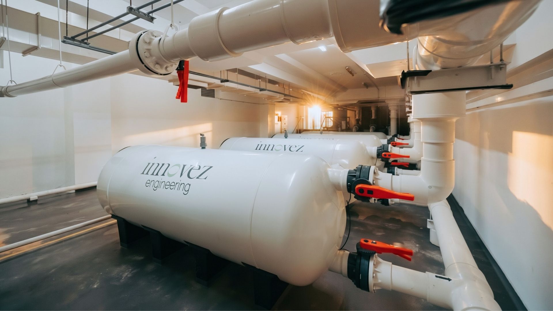 The upgraded swimming pool pump room at UWCSEA East Campus in Singapore. Large, high-rate commercial sand filters from Innovez Engineering support the demands of maintaining clean water for the school's large pools.