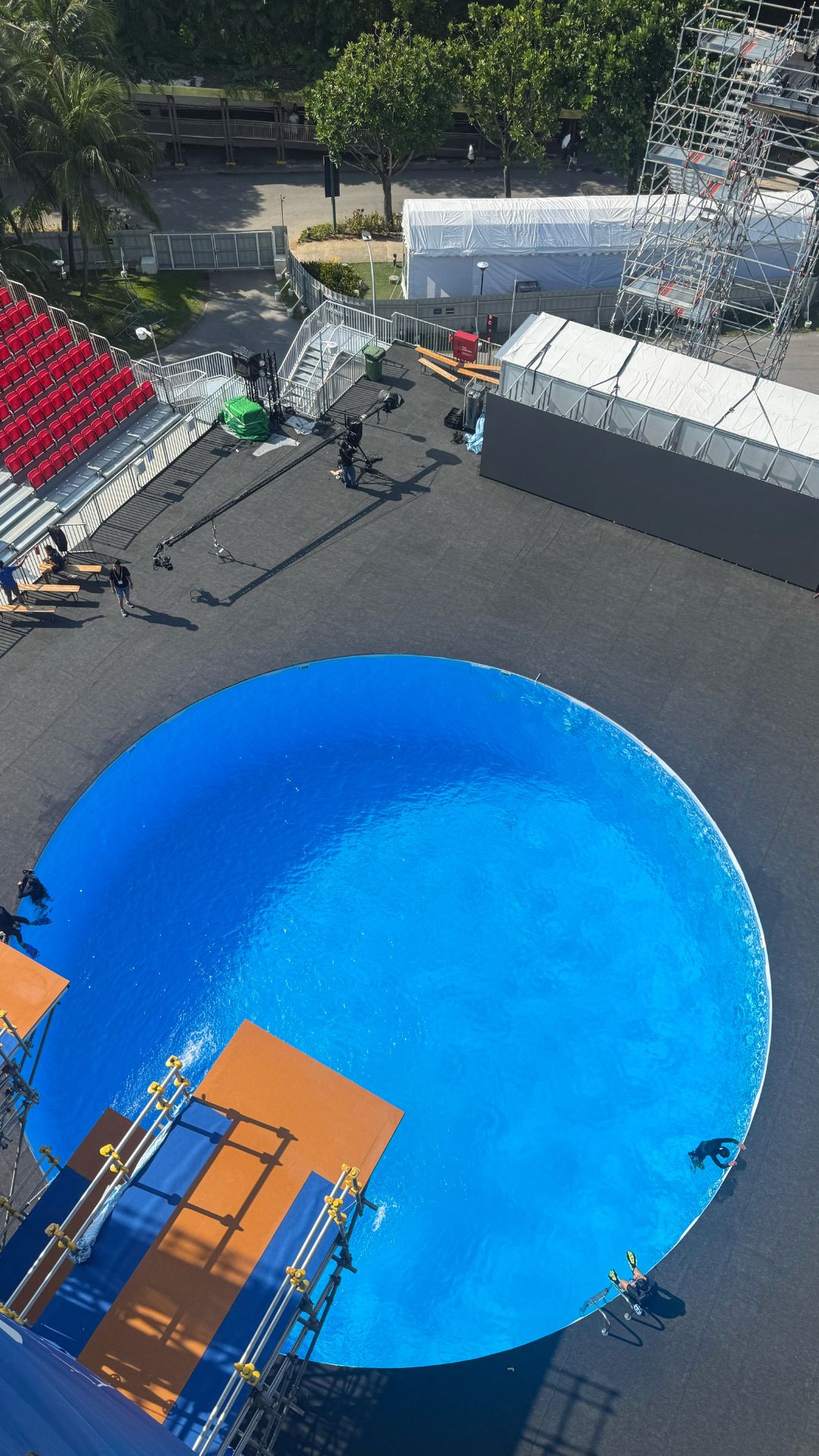 Top-down view of the six-metre deep high diving pool from the highest platform, built specifically for the 2025 World Aquatics Championships event in Singapore.