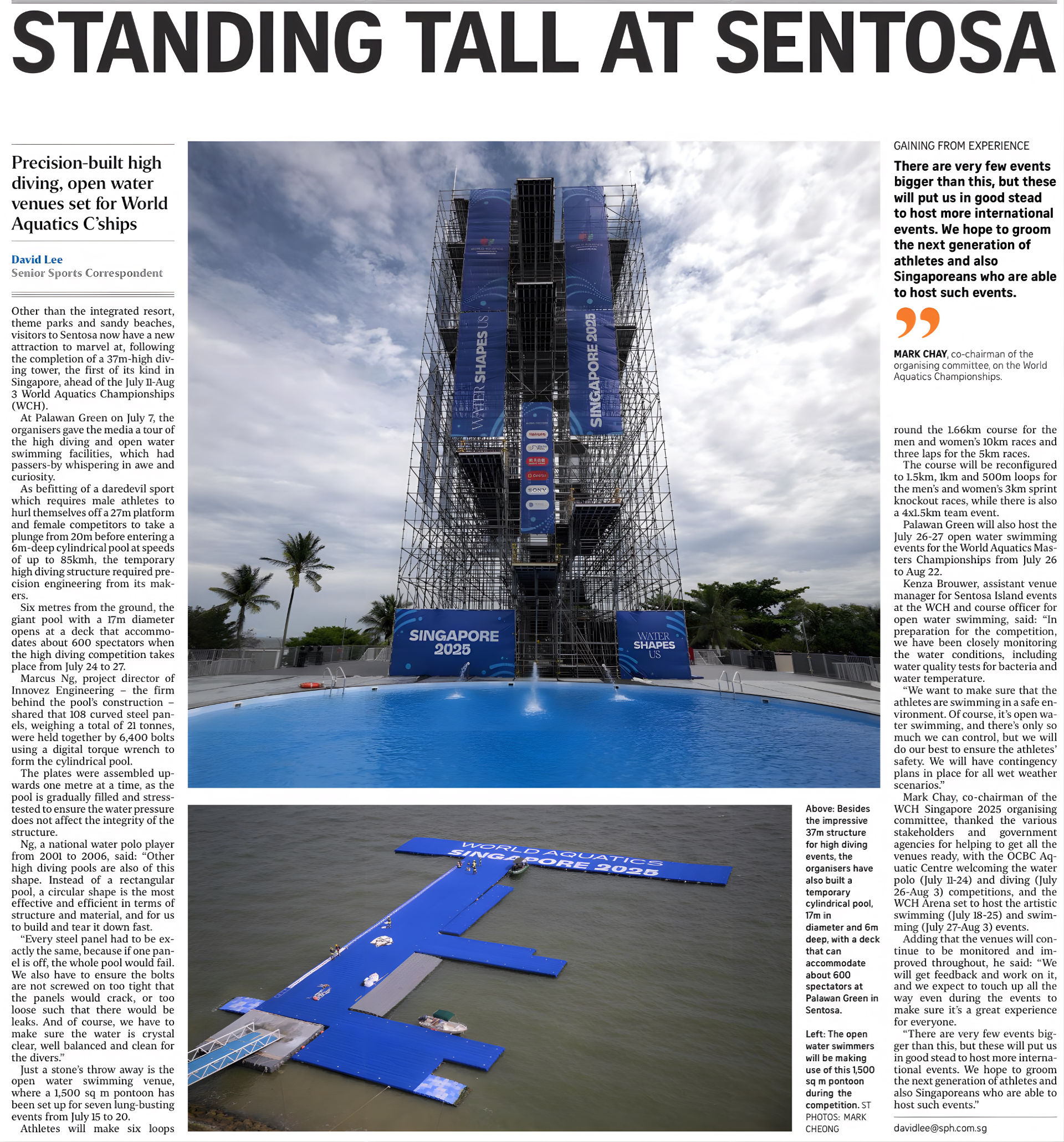 News feature of the high diving pool built by Innovez Engineering for the World Aquatics Championships Singapore 2025, titled "Standing tall at Sentosa", and described as 'precision built'.