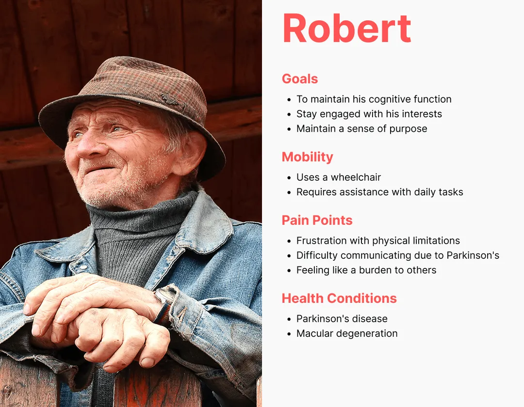 an elderly man and design persona