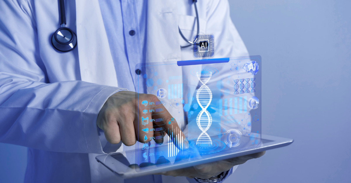 Physician with tablet showing AI