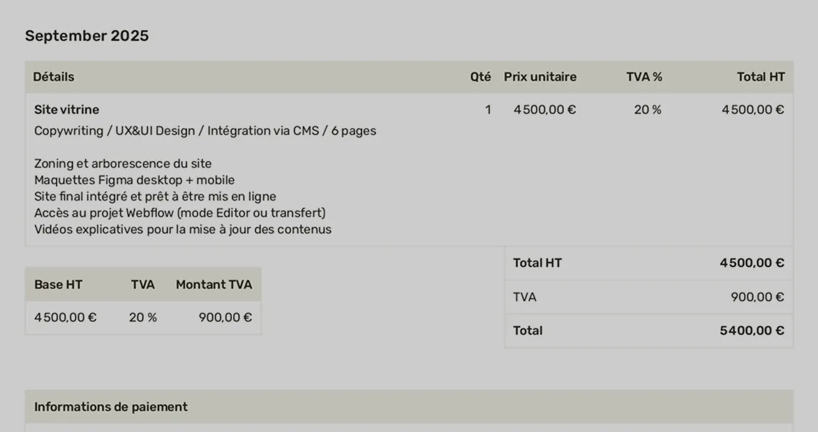 Facture de septembre 2025 détaillant un site vitrine avec une quantité de 1, prix unitaire 4500 €, TVA 20 %, total hors taxes 4500 €, montant TVA 900 €, total TTC 5400 €.
