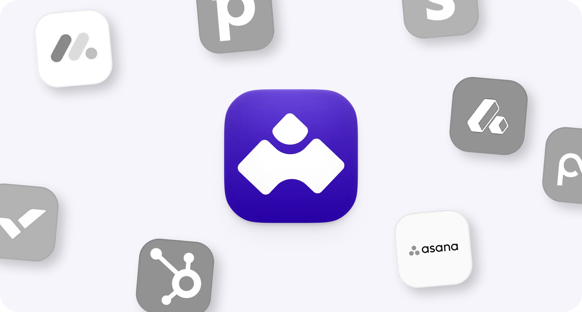 Icônes d'applications de gestion de projet sur fond violet, avec l'icône noire et blanche d'Asana en bas à droite au centre.