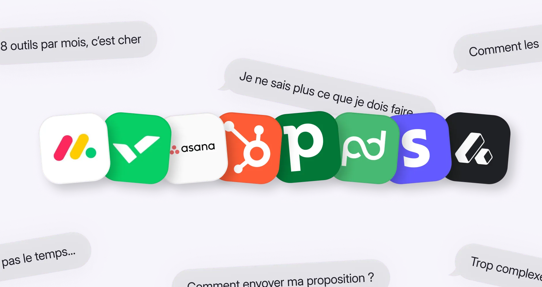 Logos d'applications de gestion et productivité alignés avec des bulles de texte exprimant des préoccupations en français comme coût élevé et manque de temps sur fond violet.