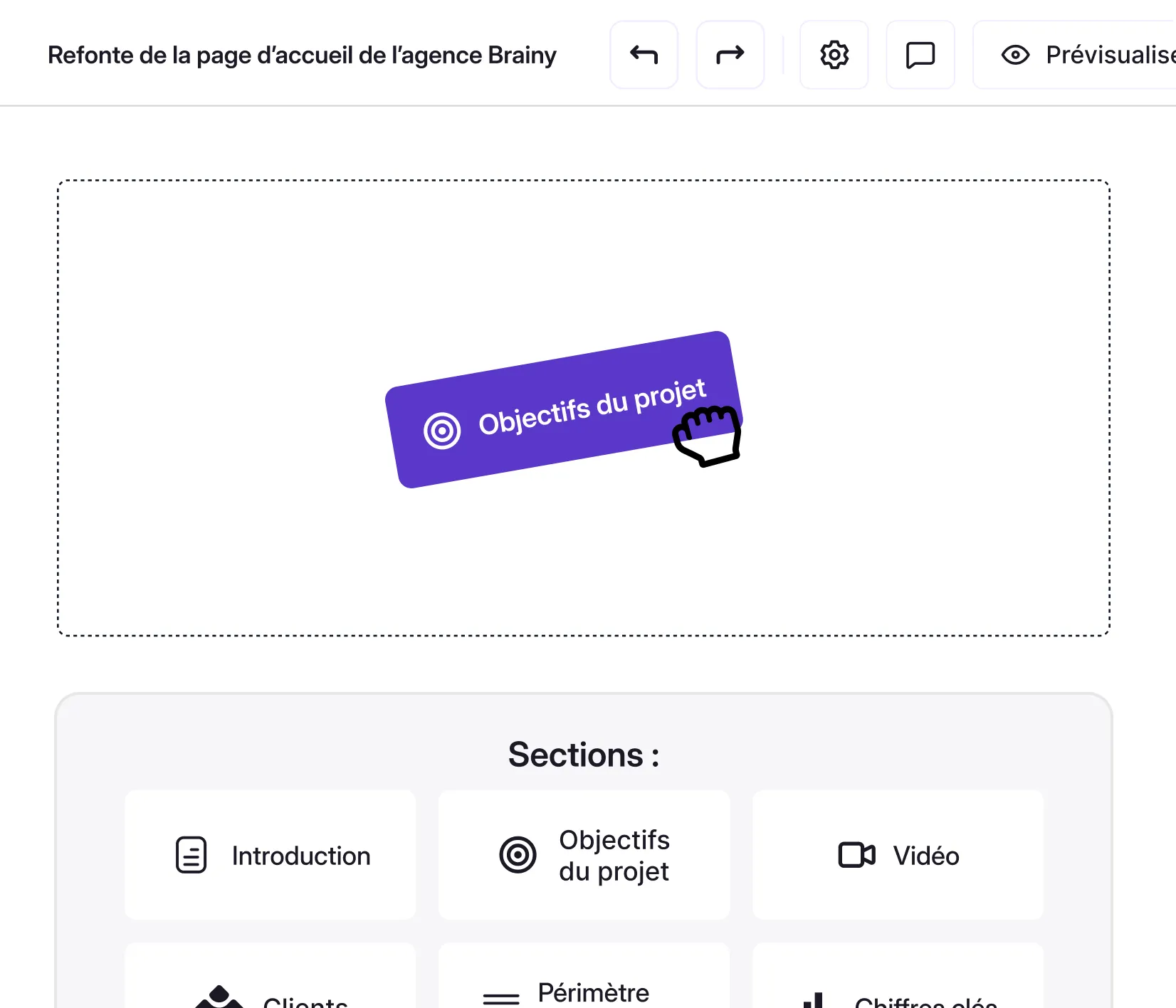 Interface montrant un onglet violet intitulé Objectifs du projet avec une main en forme de curseur qui clique dessus, et en dessous plusieurs sections du projet telles qu’Introduction, Objectifs du projet, Vidéo, Clients et Périmètre.