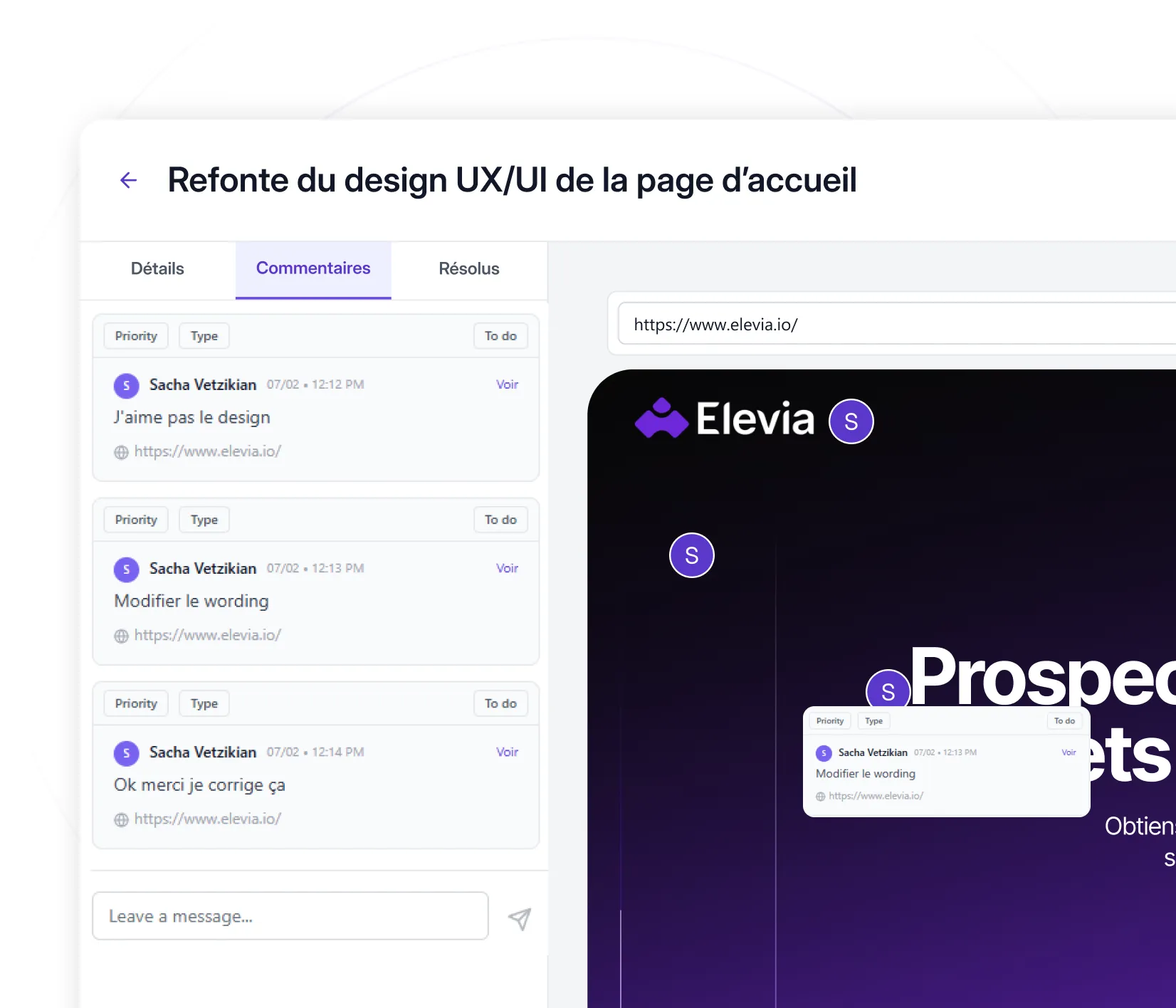 Interface de commentaires pour la refonte du design UX/UI de la page d'accueil avec trois messages de Sacha Vetzikian critiquant le design et demandant une modification du texte.