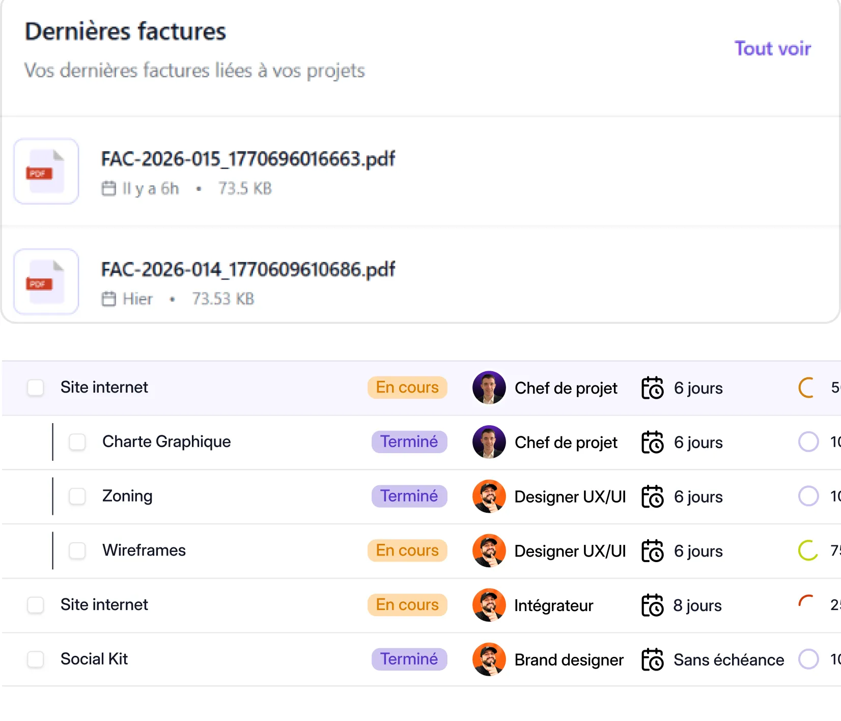 Liste des factures PDF récentes avec noms de fichiers et tailles, suivie d'un tableau de tâches de projet avec statut, responsable et délai en jours.