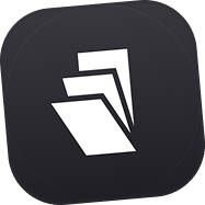 Icône d'une pile de trois feuilles blanches sur fond carré arrondi noir.