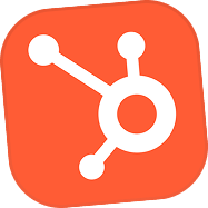 Logo HubSpot blanc avec un fond orange arrondi.