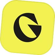 Icône noire en forme de lettre G stylisée sur un fond jaune arrondi.