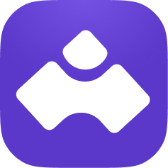 Icône d'application avec un symbole blanc abstrait sur fond violet arrondi.