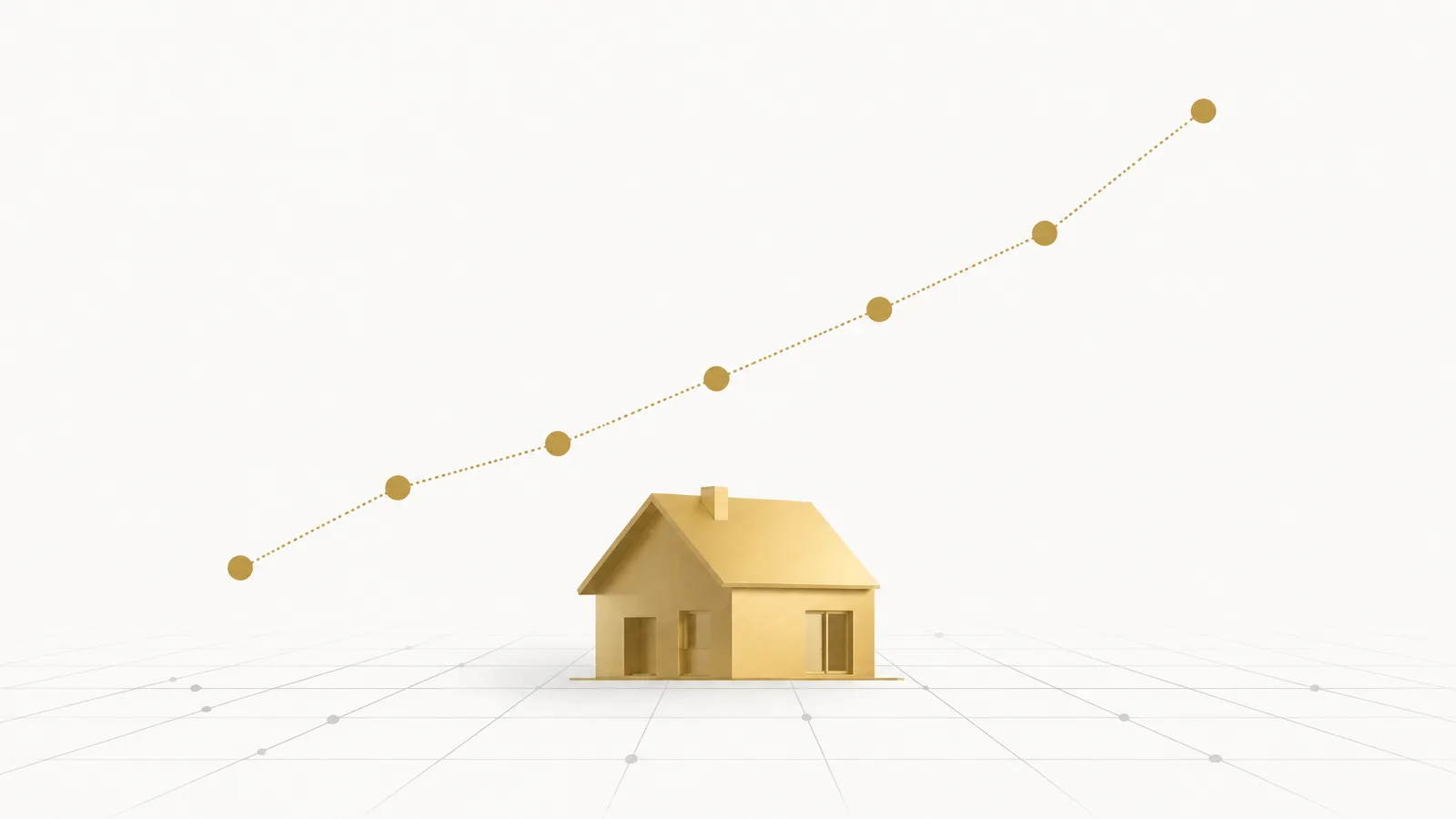 Illustration: goldenes Haus auf Raster, darüber steigende gepunktete Datenlinie