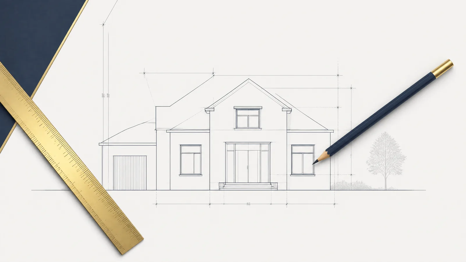 Illustration: goldenes Lineal und Stift zeichnen präzise eine Hausfassade