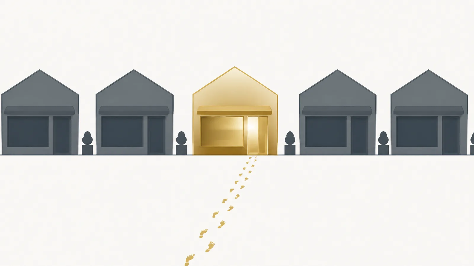 Illustration: goldener Laden in grauer Häuserzeile, Fußspuren führen zu ihm