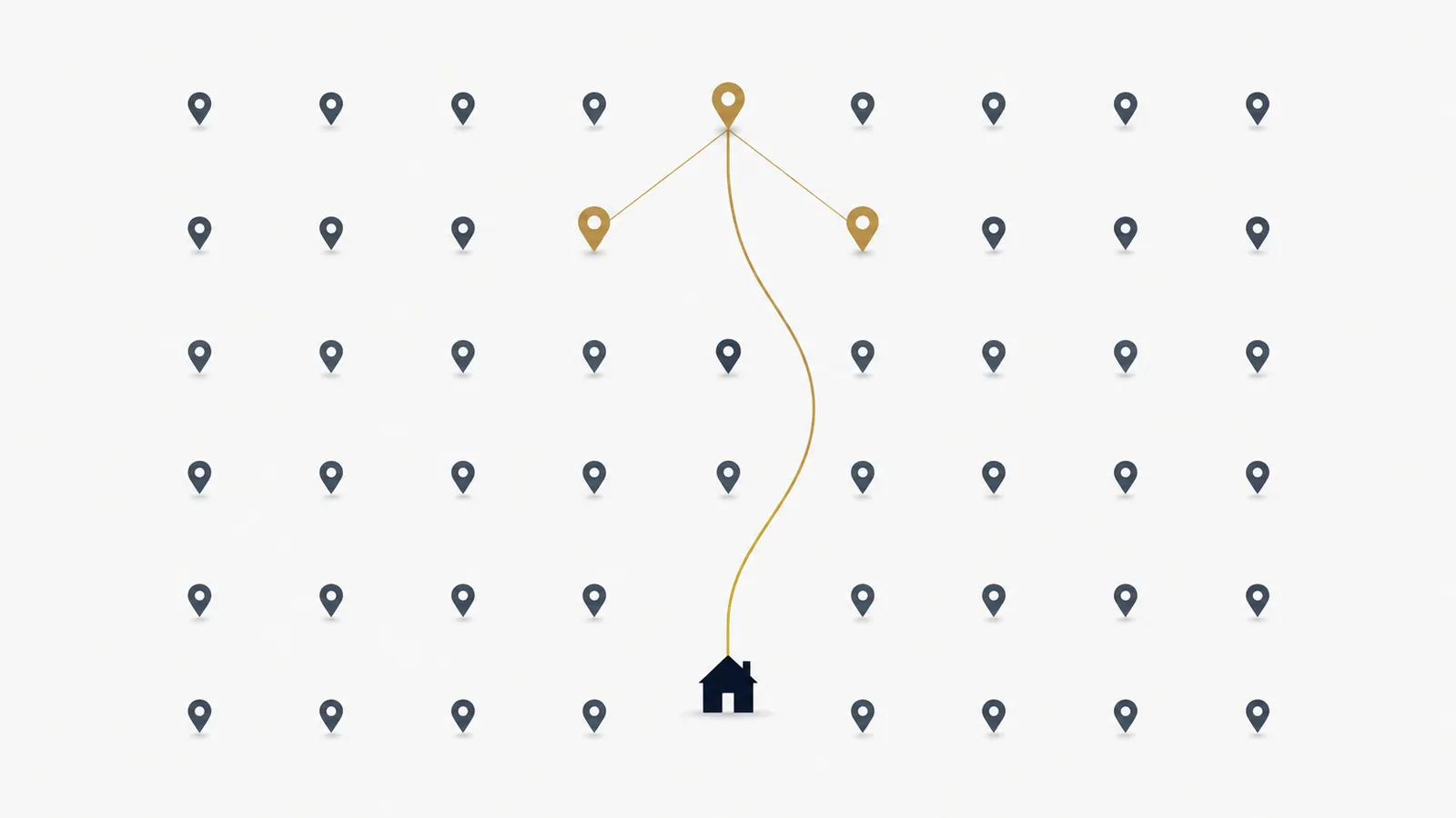 Illustration: drei goldene Karten-Pins bilden das Maps-Dreieck, eine Linie führt zu einem Haus