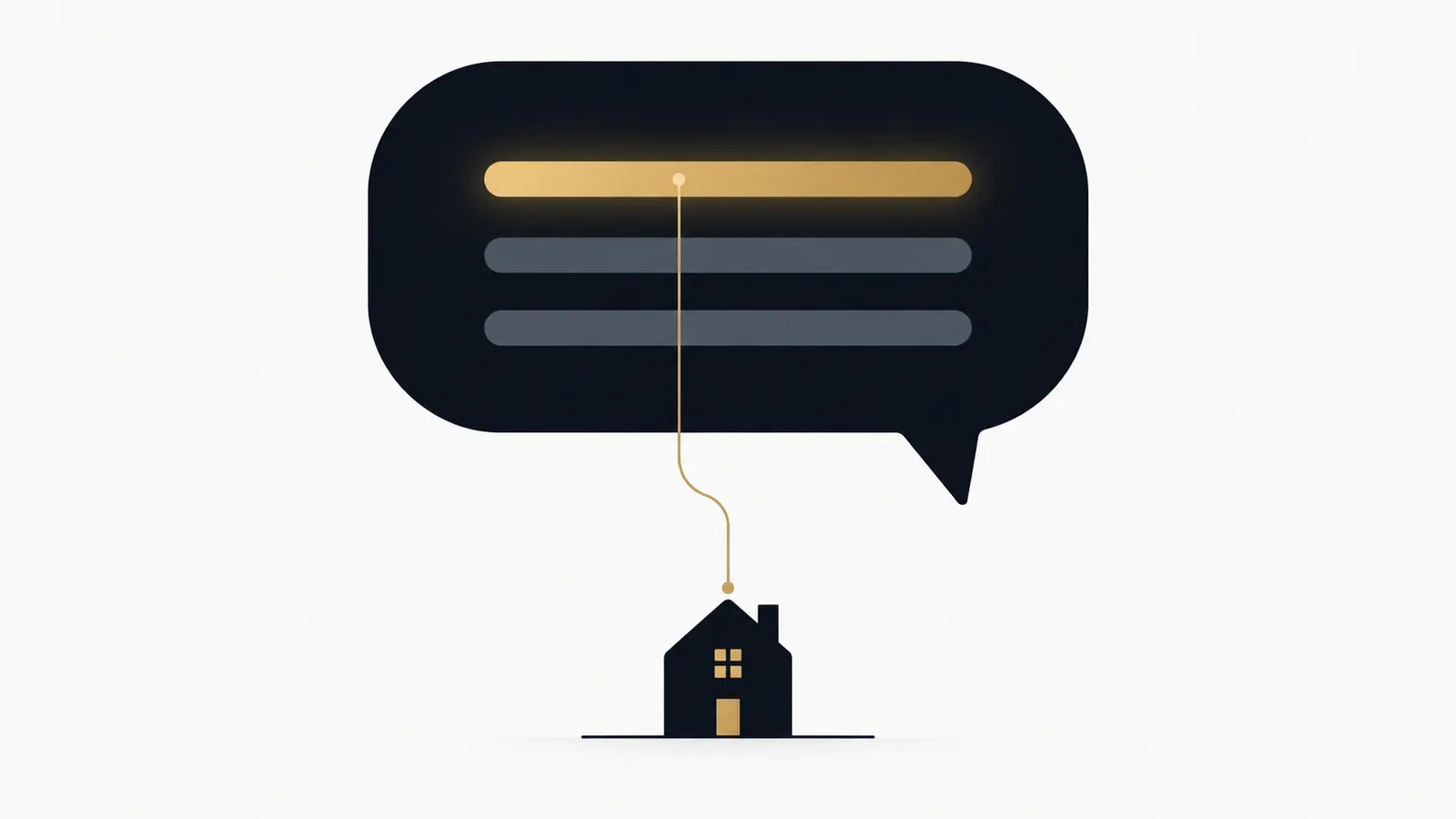 Illustration: Sprechblase mit drei Antwortzeilen, die oberste gold, eine Linie führt zu einem Haus