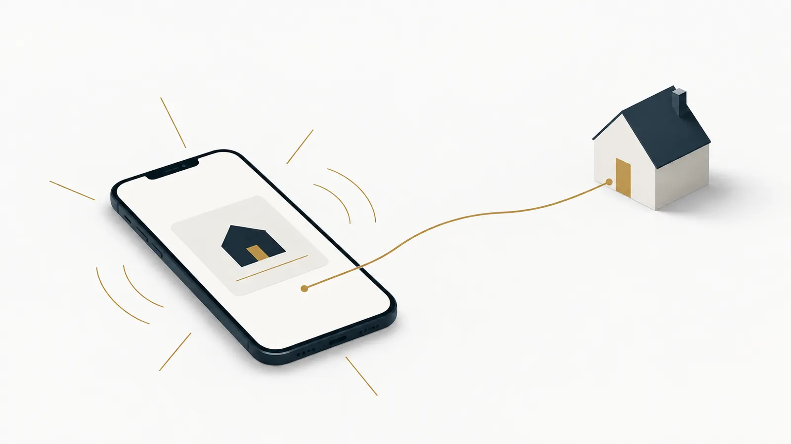 Illustration: Smartphone mit Anzeige, eine goldene Linie führt zu einem Haus