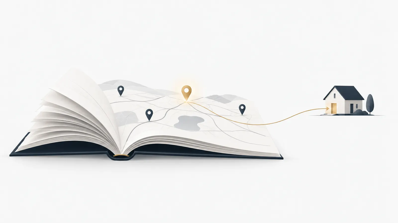 Illustration: aufgeschlagenes Buch, das zur Karte wird, ein goldener Pin und eine Linie zu einem Haus
