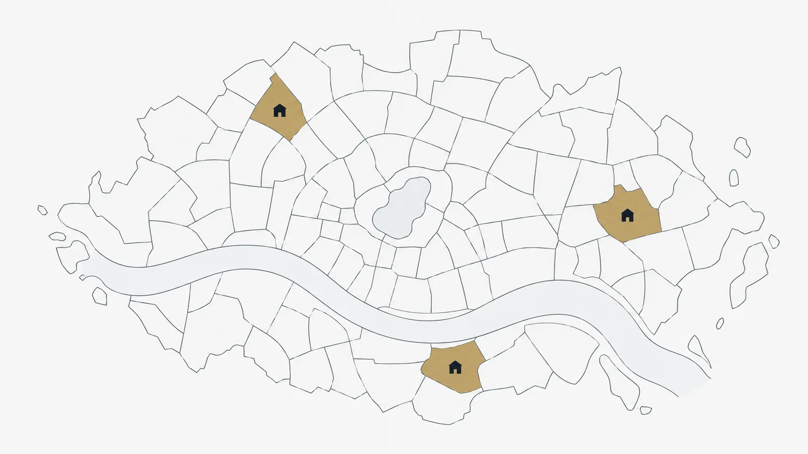 Abstrakte Stadtkarte mit Fluss und See, drei Stadtteile sind gold markiert und tragen je ein Haus