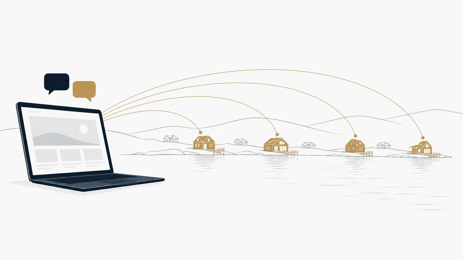 Ein Laptop mit einer Website und zwei Sprechblasen, goldene Linien führen zu vier goldenen Häusern am Ufer eines Sees