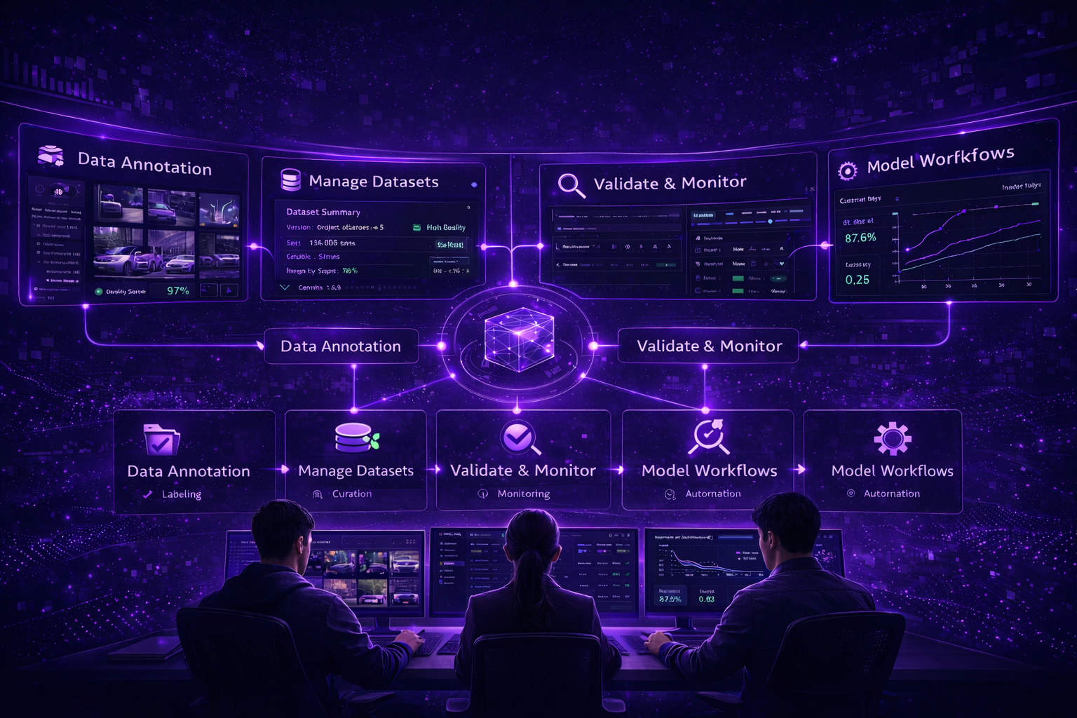Intellabel platform unifying data annotation, dataset management, validation, and model workflows into a single connected AI system.