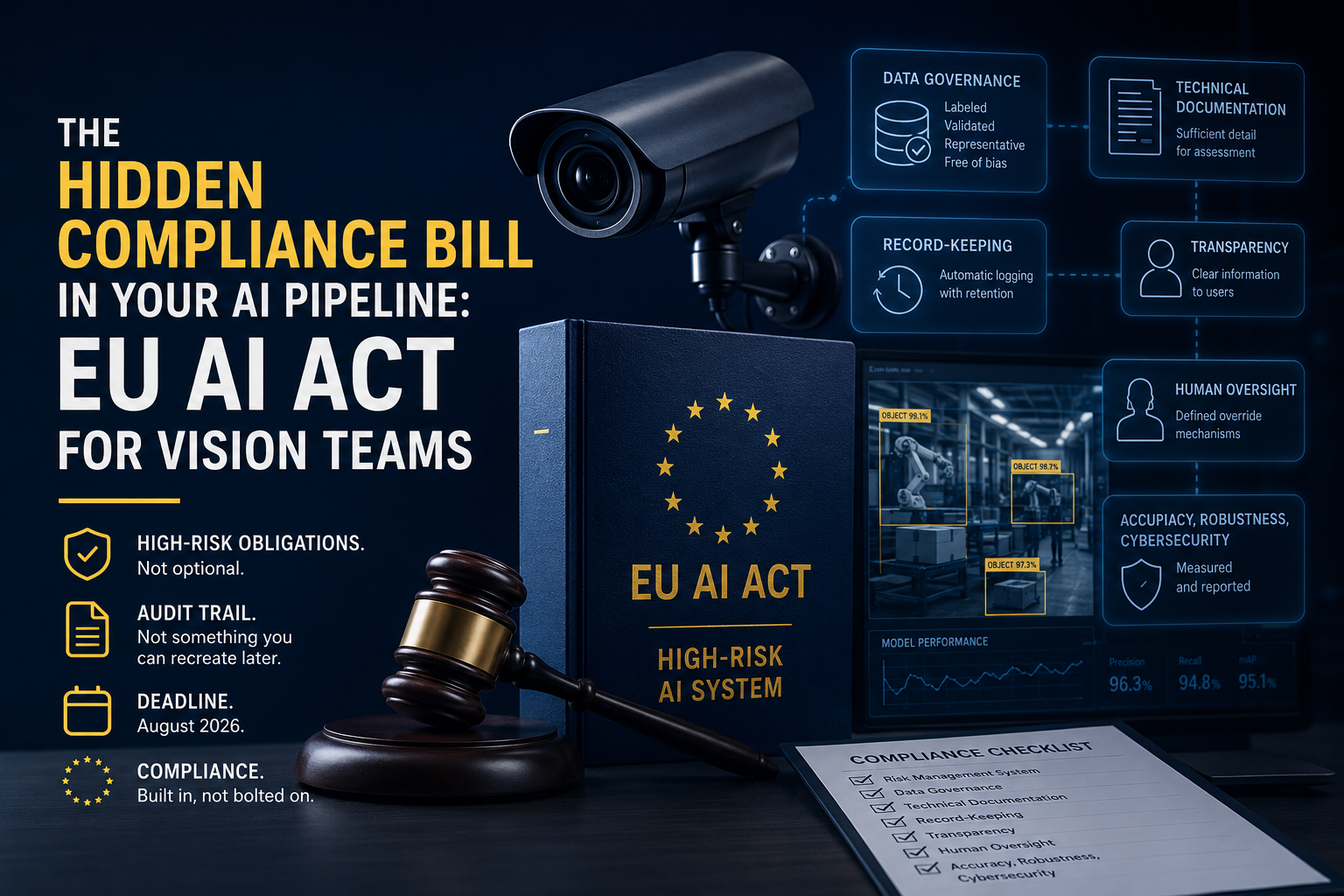 “Dashboard interface showing EU AI Act compliance workflow for computer vision systems, including audit trails, dataset governance, model traceability, and regulatory risk monitoring for high-risk AI applications.”