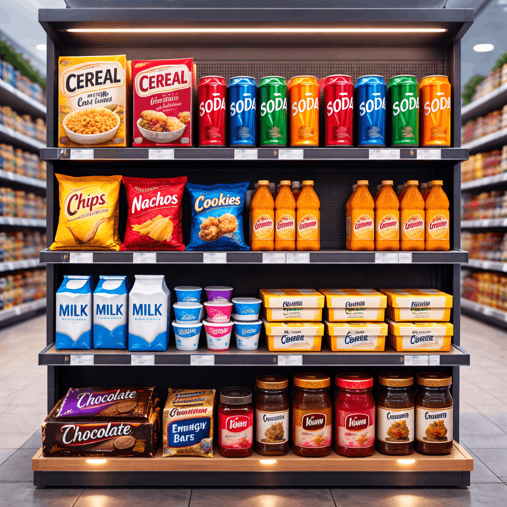 Retail store shelf with AI detecting cereal, soda, snacks, milk, yogurt, and chocolate using labeled bounding boxes