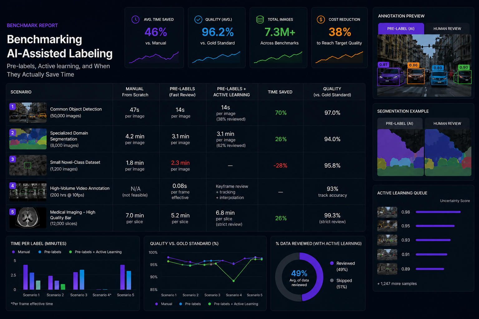 “Dark-themed AI-assisted labeling benchmark dashboard comparing manual annotation, pre-labeling, and active learning workflows across computer vision scenarios with performance metrics, segmentation previews, and dataset analytics.”