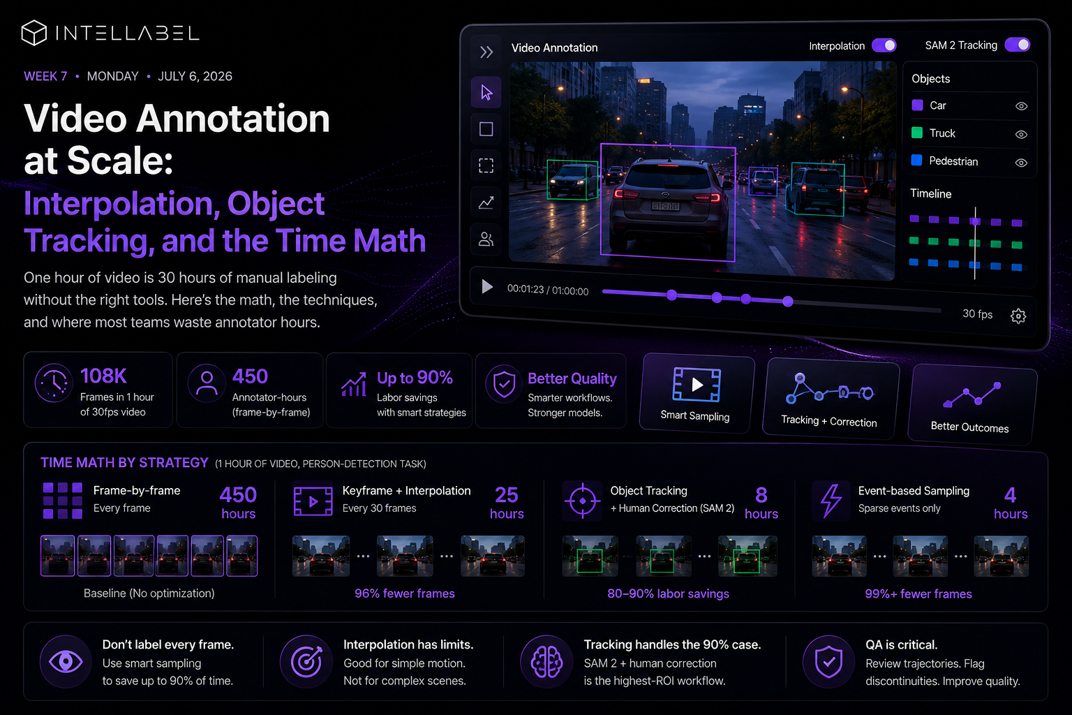 **ALT Text:**  > Dark-themed illustration of a video annotation platform showing interpolation, object tracking, timeline-based labeling, and time-saving annotation strategies for large-scale computer vision datasets.