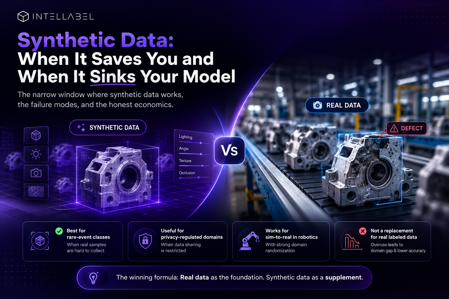 Intellabel blog banner comparing synthetic data and real-world data for computer vision. The left side shows a purple holographic 3D CAD model representing synthetic data, while the right side shows a real manufacturing conveyor belt with AI defect detection overlays. The graphic highlights the benefits, limitations, and best practices of using synthetic data in AI model training, emphasizing that real data remains the foundation for accurate computer vision models.