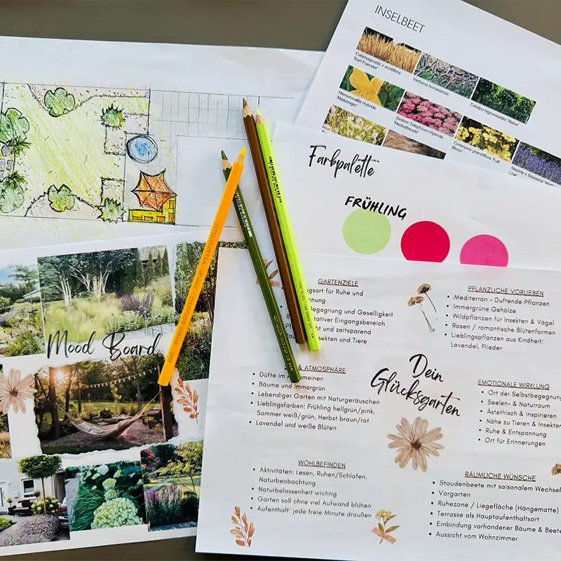 Erstentwurf der Gartenplanung: detaillierter Gartenplan, bebilderter Bepflanzungsplan und Moodboards von Annette Burger